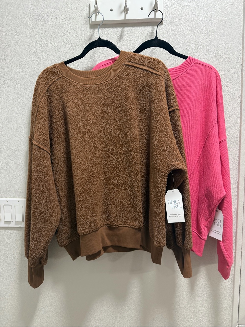 Time and Tru Brown Sherpa Crewneck with Pink Layer
